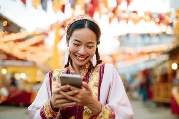 A cheerful woman in traditional clothing using her smartphone during a festive moment, showing how easily the 2777BED app fits into everyday life.