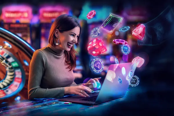 A woman smiling while playing online games on her laptop, surrounded by neon casino elements, showcasing 2777BED’s diverse game collection.