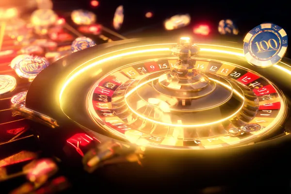 A glowing roulette wheel with cascading chips, symbolizing the engaging live and instant-win games available on 2777BED.