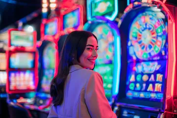 A woman smiling by bright slot machines showing lucky symbols, showcasing the exciting slot offerings at 2777BED.
